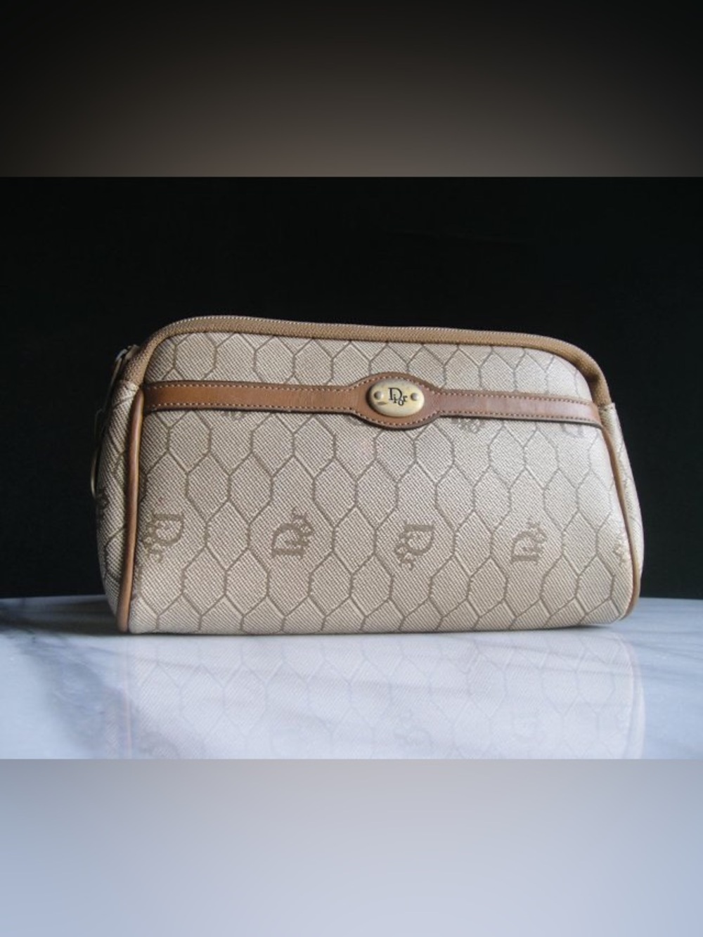 Vintage Christian Dior Beige Honeycomb Cosmetic Pouch